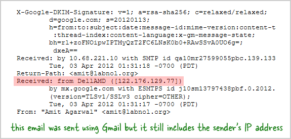 How do I find the IP address of a sender?